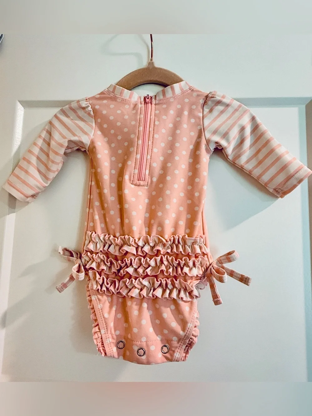 Ruffle Butts Pink Polka Dot Baby Girls' Long Sleeve Onesie Rash Guard swimsuit